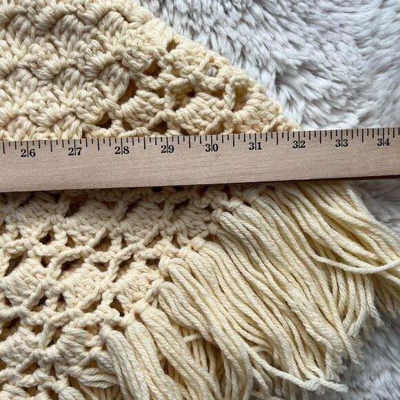 Handmade Crocheted Fringe Shawl Wrap Triangle Shape Crochet Buttons Cream Beige - Picture 11 of 14